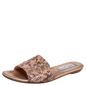 Pre Owned Jimmy Choo Rose Gold Snakeskin Nanda Flat Slides Size 37