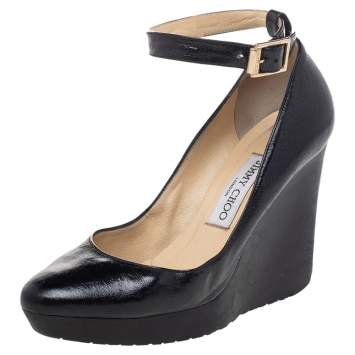 Pre Owned Jimmy Choo Black Leather Ankle Strap Wedge Pumps Size 37.5
