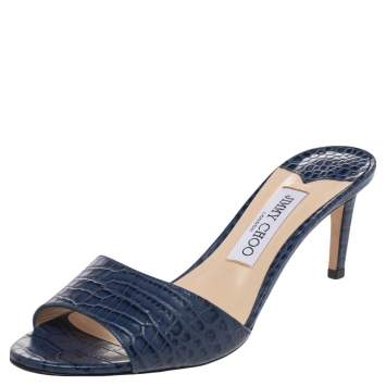 Pre Owned Jimmy Choo Blue Croc Embossed Leather Minea Slide Sandals Size 38.5