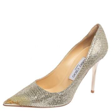 Pre Owned Jimmy Choo Gold Glitter and Fabric Romy Pointed Toe Pumps Size 36.5