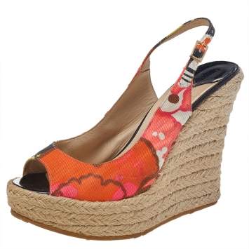 Pre Owned Jimmy Choo Multicolor Canvas Espadrille Wedge Slingback Sandals Size 37