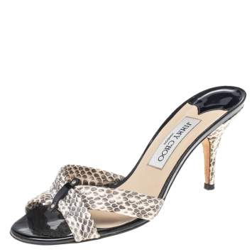 Pre Owned Jimmy Choo White/Black Snake Skin Embossed Leather Sandals Size 38