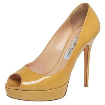 Pre Owned Jimmy Choo Yellow Patent Leather Peep Toe Platform Pumps Size 39.5