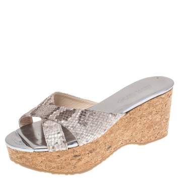 Pre Owned Jimmy Choo Grey Python Embossed Leather Wedge Sandals Size 37.5