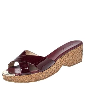Pre Owned Jimmy Choo Dark Red Patent Leather Panna Cork Slides Size 41