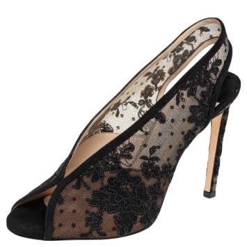 Pre Owned Jimmy Choo Black Lace And Net Slingback Sandals Size 39