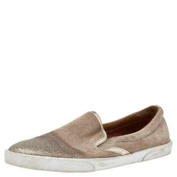 Pre Owned Jimmy Choo Gold Suede And Leather Slip on Sneakers Size 37