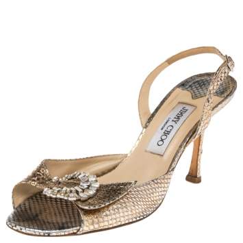 Pre Owned Jimmy Choo Gold Python Leather Crystal Buckle Embellished Sandals Size 38.5