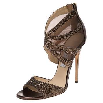 Pre Owned Jimmy Choo Metallic Gold Glitter And Net Sandals Size 39.5