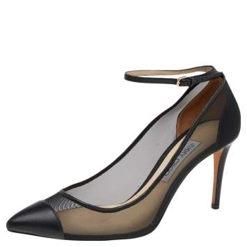 Pre Owned Jimmy Choo Black Mesh And Leather Tower Ankle Strap Pumps Size 40