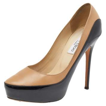 Pre Owned Jimmy Choo Beige/Black Patent And Leather Platform Pumps Size 38