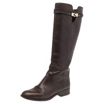 Pre Owned Jimmy Choo Dark Brown Leather Knee Length Boots Size 37