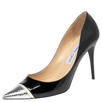Pre Owned Jimmy Choo Black/Silver Patent Leather and Snakeskin Embossed Bahama Pumps Size 40