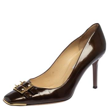 Pre Owned Jimmy Choo Brown Patent Leather Double Buckle Toe Pumps Size 39