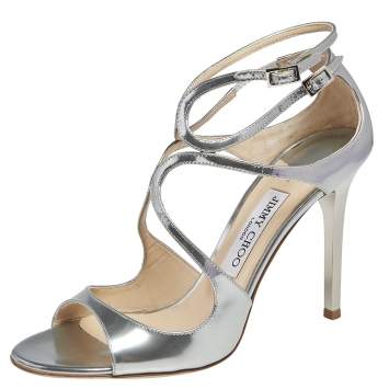 Pre Owned Jimmy Choo Metallic Silver  Leather Lance Strappy Sandals Size 39