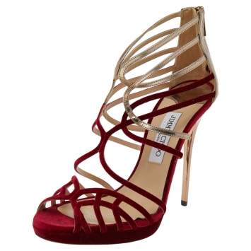 Pre Owned Jimmy Choo Red/Gold Velvet And Leather Maury Strappy Sandals Size 40