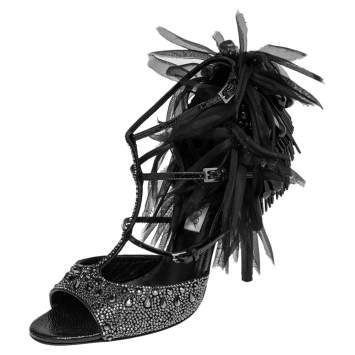 Pre Owned Jimmy Choo Black Suede and Patent Leather Crystal and Bead Embellished Sandals Size 40