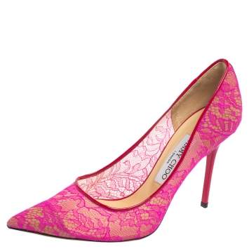 Pre Owned Jimmy Choo Raspberry Pink Lace and Patent Leather Abel Pointed Toe Pumps Size 37.5