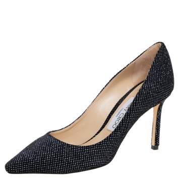 Pre Owned Jimmy Choo Black Glitter Velvet Romy 85 Pumps Size 36.5