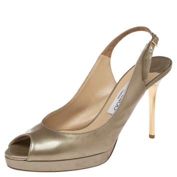Pre Owned Jimmy Choo Olive Patent Leather Nova Slingback Sandals Size 38.5