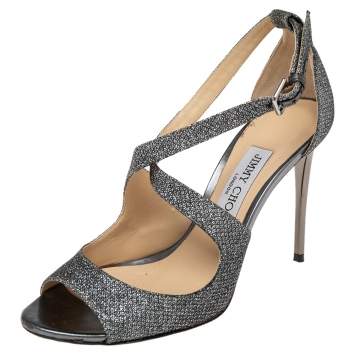 Pre Owned Jimmy Choo Silver Shimmery Lamé Fabric Strappy Sandals Size 37