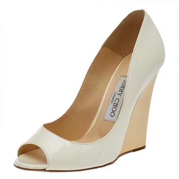 Pre Owned Jimmy Choo White Patent Leather Peep Toe Wedge Pumps Size 37
