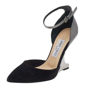 Pre Owned Jimmy Choo Black/Silver Suede And Leather Kade Wedge Ankle Strap Pumps Size 38