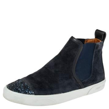 Pre Owned Jimmy Choo Navy Blue Suede And Glitter High Top Sneakers Size 38