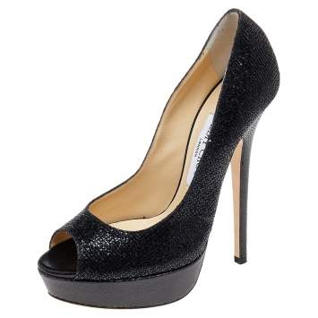Pre Owned Jimmy Choo Metallic Black Glitter Fabric Dahila Platform Peep Toe Pumps Size 39