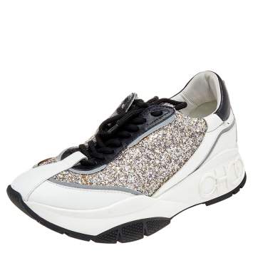 Pre Owned Jimmy Choo White/Silver Leather And Glitter Raine Low Top Sneakers Size 40