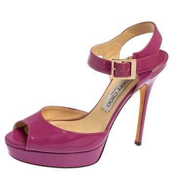 Pre Owned Jimmy Choo Purple Patent Leather Linda Ankle Strap Platform Sandals Size 39.5