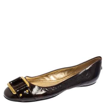 Pre Owned Jimmy Choo Dark Brown Patent Leather Morse Buckle Ballet Flats Size 39
