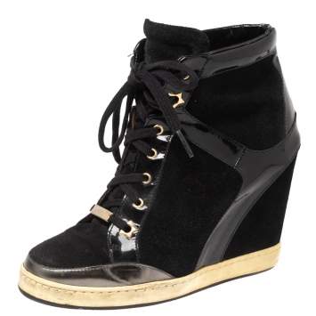 Pre Owned Jimmy Choo Black Patent Leather and Suede Panama Wedge Sneakers Size 37