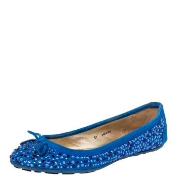 Pre Owned Jimmy Choo Blue Crystal Embellished Suede Walsh Bow Ballet Flats Size 37
