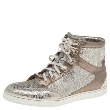 Pre Owned Jimmy Choo Metallic Gold Leather And Glitter Miami High Top Sneakers Size 38.5