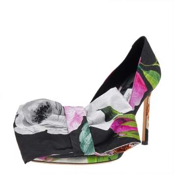 Pre Owned Jimmy Choo Multicolor Flower Printed Satin Mary Bow Pointed Toe Pumps Size 38