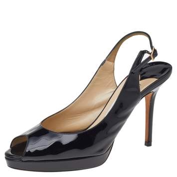 Pre Owned Jimmy Choo Black Patent Leather Peep Toe Ankle Strap Sandals Size 38