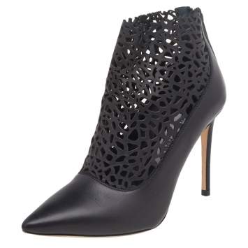 Pre Owned Jimmy Choo Black Laser Cut Leather Maurice 100 Booties Size 37.5