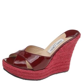 Pre Owned  Jimmy Choo Red Patent Leather Phyllis Wedge Platform Espadrille Sandals Size 40