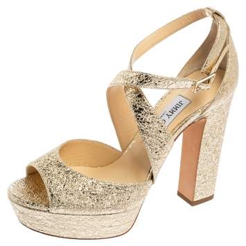 Pre Owned Jimmy Choo Gold  Leather Emily Criss Cross Ankle Strap Sandals Size 38.5