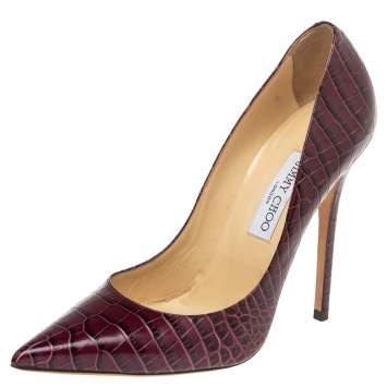 Pre Owned Jimmy Choo Burgundy Croc Embossed  Leather Emi Pumps Size 40