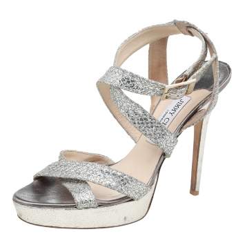 Pre Owned Jimmy Choo Metallic Gold Glitter Fabric Vamp Platform Strappy Sandals Size 40