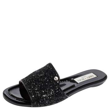 Pre Owned Jimmy Choo Metallic Black Glitter Nanda Flat Slides Size 37.5