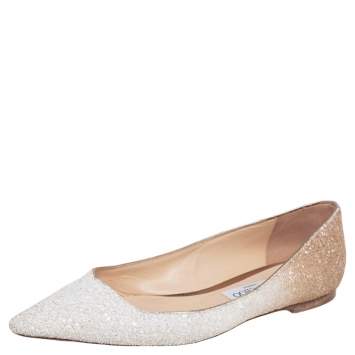 Pre Owned Jimmy Choo White/Brown Ombre Glitter Romy Pointed Toe Ballet Flats Size 39
