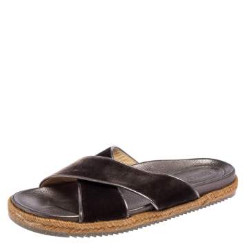 Pre Owned Jimmy Choo Dark Grey Velvet Crisscross Espadrille Flats Size 40