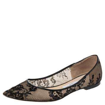 Pre Owned Jimmy Choo Black/Beige Mesh And Lace Romy Pointed Ballerina Size 37