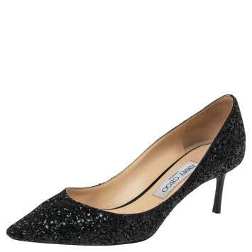 Pre Owned Jimmy Choo Black Glitter Love Pointed Toe Pumps Size 38