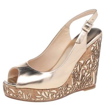 Pre Owned Jimmy Choo Metallic Gold Leather Prova Wedge Slingabck Sandals Size 36.5