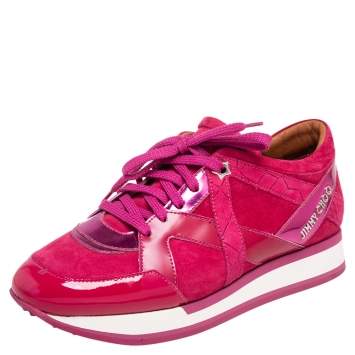 Pre Owned Jimmy Choo Fuchsia Suede and Leather Low Top Sneakers Size 38.5