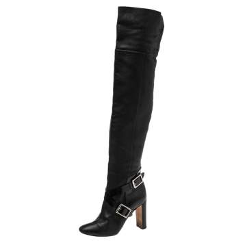 Pre Owned Jimmy Choo Black Leather Knee Length Pointed Toe Boots Size 38.5
